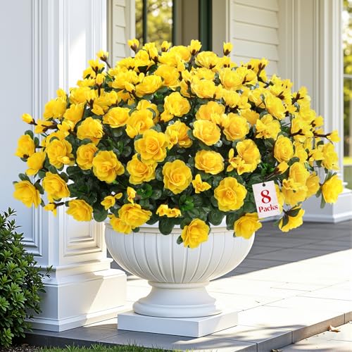 Alupssuc 8 Large Bundles Artificial Flowers for Outdoors Spring Decoration, UV Resistant Faux Flowers Silk Camellia Realistic Fake Flowers for Yard Patio Planter Porch Balcony Garden, Yellow - color: Yellow