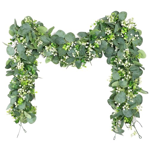 Eucalyptus Garland, 2 Packs 5.9FT Greenery Garland with Gypsophila Flowers Artificial Faux Silver Dollar Eucalyptus Leaves Fake Vines for Indoor Outdoor Table Mantle Home Party Wedding Decor - color: Style-03, size: 2PCS