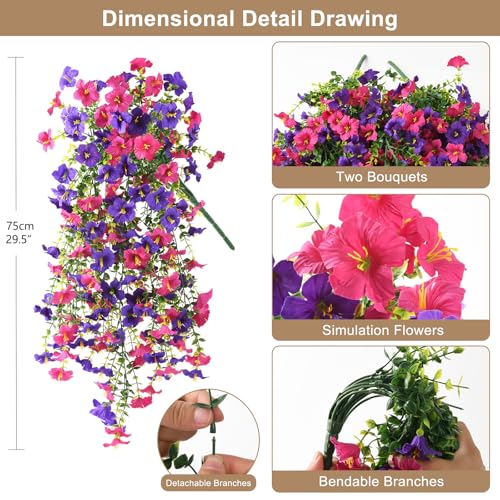 Artificial Hanging Flowers Plants for Outdoor Spring Summer Decoration, 2PCS Faux Silk Morning glory UV Resistant Look Real for Outside Home Indoor Planter Porch Garden Yard Decor(Deep Purple Red) - color: Deep Purple Red