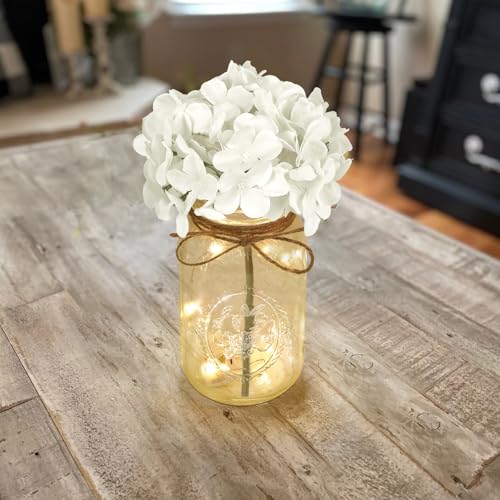 Set of 3 Mason Jar with Lights White Hydrangea Decorative Jars Flower Vase Farmhouse Table Centerpiece for Home Wedding Event Party Decor - color: Jar-white Hydrangea