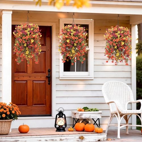 Hommyea Artificial Hanging Flowers for Outdoors, 2 Pcs Fake Hanging Plant Fall Decor, UV Resistant No Fade Faux Silk Daisy Flower for Planter Front Door Porch Patio Yard Garde - color: Orange,brown,yellow