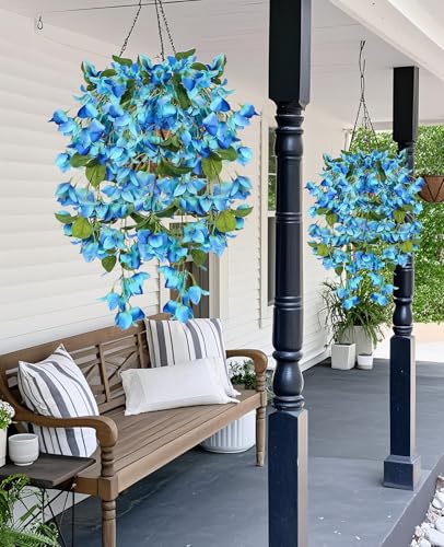 IPOPU Artificial Bougainvillea Hanging Flowers 2PCS UV Resistant Fake Silk Bougainvillea Plant Vine Faux Hanging Flowers for Garden Yard Porch Patio Wedding Wall Home Outdoor Decoration (Blue) - color: Blue