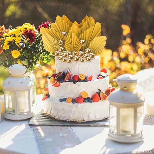 Rsstarxi 28 Pack Paper Palm Fan Cake Topper Balls Cake Topper Mini Balloon DIY Cake Insert Cake Decorations for Baby Shower Wedding Bridal Shower Birthday Party Decorations Gold - color: Gold
