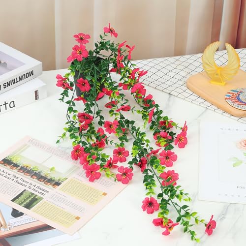 FAVOWREATH Fake Plants Hanging Artificial Potted Faux Eucalyptus Plants and Flowers for Modern Boho Farmhouse Bathroom Office Desk Wall Book Shelf Living Room Aesthetic Decor Indoor (Rose Red) - color: Rose Red