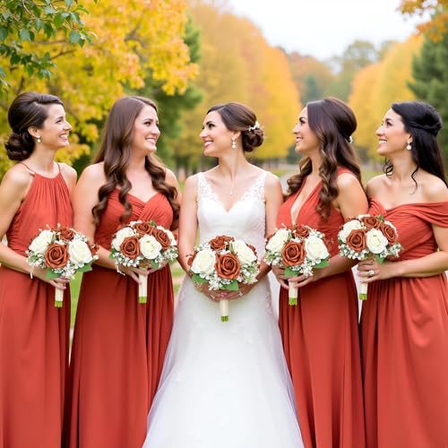 Artificial Bridesmaid Bouquets Set of 6 - Wedding Bouquet Burnt Orange Rose White Babys Breath 7 Inch Flower Bride Bouquet for Wedding Bridal Shower Centerpiece Ceremony Anniversary Fall Decorations - color: Orange & White, size: Set of 6 Bridesmaid Bouqu
