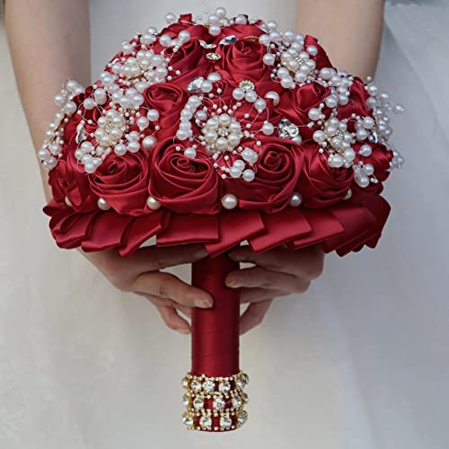 Burgundy Bridal Wedding Bouquet with Rhinestone Brooch Pearl Bouquet for Bride Bridesmaid Quinceanera Satin Red Rose Flower Bouquet Wedding Burgundy 8.7in - color: Burgundy (Standard Size: Dia.8.7")