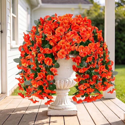 Sggvecsy Artificial Fake Hanging Flowers Plants for Outdoor Outside Spring Summer Decoration 4PCS Faux Silk UV Resistant Realistic Morning Glory Trailing Vines for Home Porch Patio Balcony(Orange) - color: Orange, size: 4Pcs