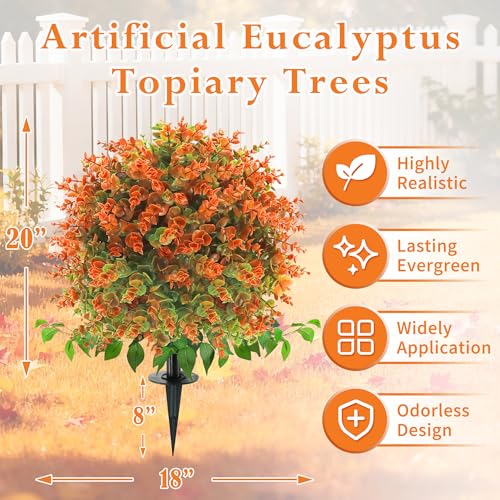 28" Artificial Fall Flower Bushes with Ground Stakes – Artificial Topiary Tree with Eucalyptus Orange Faux Floral Plants with Autumn Leaves for Outdoor Thanksgiving, Garden, Pathway, Porch Décor - color: Orange