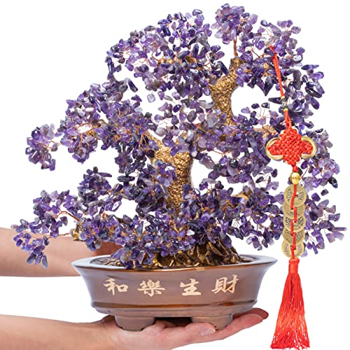 Natural Large Amethyst Tree,14"Amethyst Crystal Bonsai Tree(1251 Gemstone Count) Chakra Tree with Healing Properties Crystal Feng Shui Money Tree of Life for Positive Energy Good Luck Wealth - color: Amethyst
