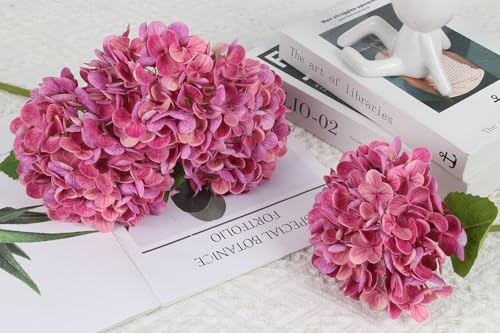 IPOPU 6PCS Real Touch Hydrangea Artificial Flowers Fuchsia Faux Hydrangeas with Short Stems Latex Realistic Fake Flowers for Home Decor Party Floral Arrangements Wedding Bouquet Centerpiece（Fuchsia - color: Rose Red