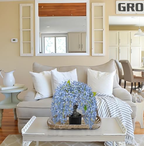 Artificial Flowers 13.8" Tall with Silk Wisteria Blue Flower Arrangement and Realistic Wood Fake Bonsai Tree Plants Faux Plants for Spring Home Bedroom Office Bathroom Coffee Table Centerpiece Decor - color: Blue-13.8