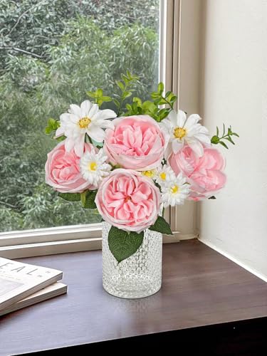 GnFlus Artificial Peony Flower Stems 11pcs Pink Faux Peonies & Daisies Silk Flowers 14.5" Fake Flowers for Vase Centerpiece Wedding Party Home Decor DIY Bridal Bouquet - color: Peony, Pink, size: 1 Pack