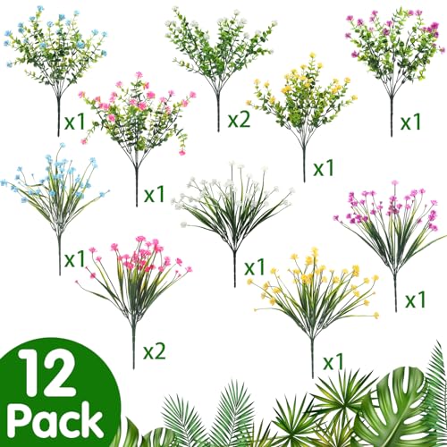 WILLBOND 12 Bundles Artificial Flowers Outdoor, UV Resistant Faux Artificial Plants Shrubs Plastic Flower Bulk for Hanging Planter Porch Window Home Spring Summer Decor(Lovely Color) - color: Lovely Color