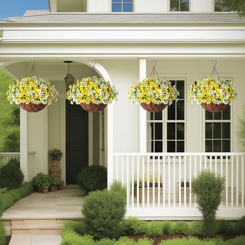 INXUGAO Artificial Silk Flowers Hanging Baskets Outdoors,Chrysanthemum with Eucalyptus Leaves Arrangement for Garden Yard Decor,Faux Plant in Metal Coconut Lining Flowerpot(Yellow) - color: B-yellowwhite