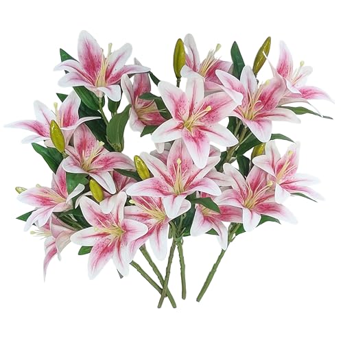 ATFL Artificial Lilies Flowers,9 Pcs Faux Lily Flowers,16''Tiger Lily Branches with 2 Full Blooms and 1 Bud,Faux Fake Lilies Plants for Wedding Bouquet Floral Arrangements (9, Light Pink) - color: Light Pink