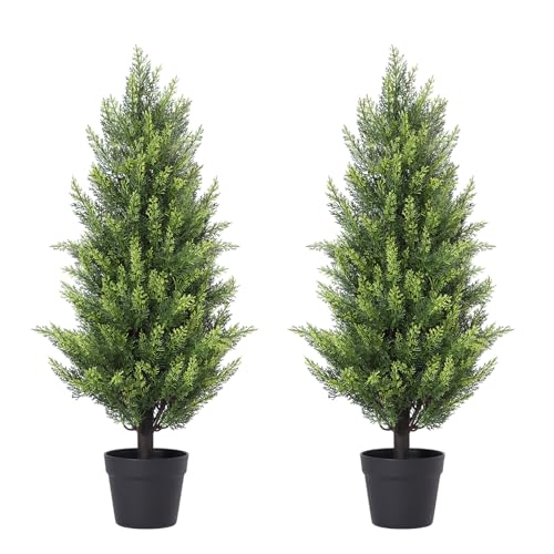 3FT Artificial Topiary Trees Outdoor Set of 2, UV-Resistant Faux Cedar Trees for Outdoor Planters, Tall Evergreen Plants for Front Porch, Entryway, Patio Decor - size: 3ft