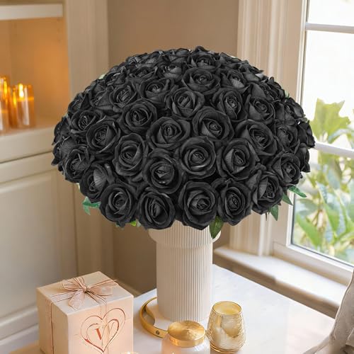 50 PCS Black Roses Artificial Flowers, Fake Roses with Stem Realistic Silk Roses for DIY Wedding Bouquets Table Centerpieces Arrangements Baby Shower Birthday Home Decor Valentine's Day Gift for Her - color: Black