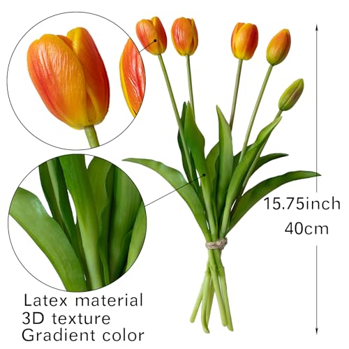 Artificial Tulips Flowers,Soft Touch Latex Bouquet, Fake Tulips,Spring Wedding Home Room Table Centerpiece Decor - color: 15pcs Orange(no Vase)