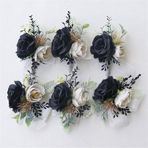 Black Ivory Rose Wedding Boutonniere for Best Men Artificial Rose Flowers Groom Groomsmen Boutonniere for Wedding Party Prom Homecoming Ceremony Anniversary Suit Decorations - color: Black Ivory Boutonniere