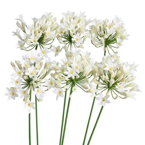 Htmeing 6PCS Artificial Agapanthus Flowers Long Stems Silk Lily Flowers for Home Hotel Flower Arrangement Party Decor (White) - color: White