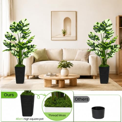 UPBUD Artificial Monstera Deliciosa Plant, 5FT Fake Tree with Real Touch Leaves & Black Square Planter, 60in Tall Faux Plants Floor Trees for Indoor Outdoor Home Living Room Office Decor - color: White Leaves Black Planter