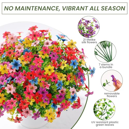 SHareconn 24 Bundles Artificial Flowers for Outdoors Decoration, Faux Plants Fake Silk Colorful Daisy Eucalyptus Lavender, UV Resistant for Outside Home Indoor Spring Decor, 6 Colors incl. Blue - color: Redrosyvioletblueyellowpink