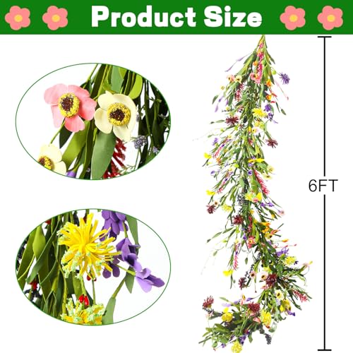 Hotop 6 ft Artificial Wildflower Garland, Wisteria Flowers Daisy and Lavender Faux Floral Vine Summer Spring Floral Fake Garland for Home Wedding Mantle Table Centerpiece Indoor Outdoor Decor(2 Pcs)