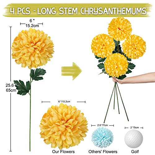 Briful Artificial Chrysanthemums Ball Flowers 6’’ Large Heads Mums Stems Autumn Yellow Fake Hydrangea Flowers Bouquet for Home Garden Party Wedding Decoration, Set of 4 - color: Yellow