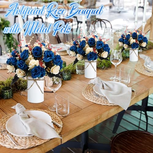 Domensi 6 Sets Wedding Centerpiece for Table Artificial Rose with Vase Fake Bouquets and Metal Pot Flower Arrangements for Bridal Shower Birthday Party Event Table Decor (Dark Blue) - color: Dark Blue