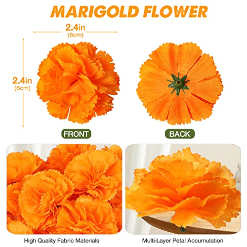 Hommtina 50 Pcs Marigold Flowers Silk Artificial Marigold Flowers, Mexican Flowers Decoration for Baby Shower Wedding Party Decoration Halloween Christmas New Year Decor - color: Orange