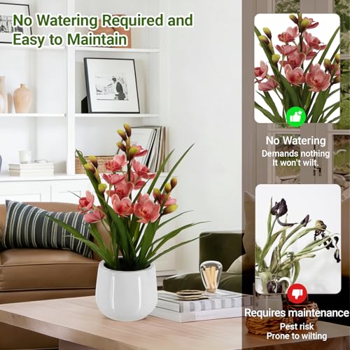 Fake Orchid Plant 19" Tall, Realistic Touch Leaves, Potted Cymbidium Artificial Plants Indoor for Home Decor Small Office Home Living Room-Pink - size: 19 Inch Cymbidium Orchid Pink