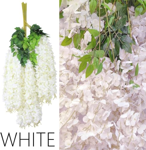 36Pcs Artificial Wisteria Flowers 3.6 Feet/Piece White Dense Artificial Fake Wisteria Vine Ratta Hanging Garland Silk Flowers String Home Party Wedding Decor(White-Dense) - color: White, size: 36 PCS