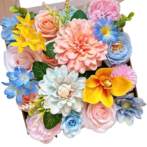 Artificial Flowers Combo, Yellow Blue Pink Silk Flowers Roses Dahlia Mix, Fake Flowers with Stems for DIY Bridal Bouquets Floral Arrangement Table Centerpieces Home Wedding Cake Decorations - color: Pink, Blue, Yellow
