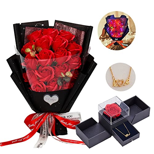 EIGHTOWN Roses Bouquet Artificial Flower - Preserved Red Rose Flowers with Love Necklace for Her - Unique Gifts Valentine's Day, Mother's Day, Thanksgiving, Birthday, Anniversary - color: Bright Red