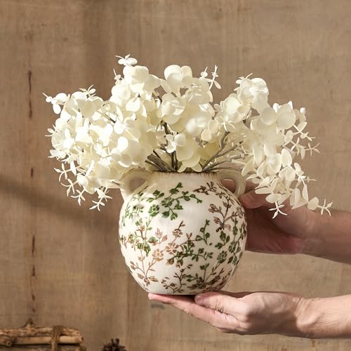 Green and Beige Antique Vase, 5.6 Inch Vintage Chinoiserie Floral Vase, Rustic Ceramic Vase for Home Decor, Living Room, Bookshelf, Office, Entryway, Garden, Chinoiserie Decor, Tuscan Decor - color: Beige and Green- 5.6"