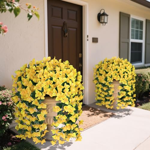 Artificial Bougainvillea Flowers Plants for Outdoors Decoration, 2 Pcs Faux Silk Flowers Long Trailing Fake Vines for Front Door Porch Planter Balcony Patio Summer Spring Home Decor, Yellow - color: Yellow