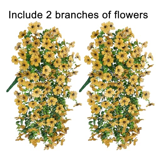 HyeFlora Artificial Hanging Flowers for Outdoors Decoration, 2pcs Fake Daisy with Eucalyptus Leaves for Garden Yard Porch (Yellow) - color: Yellow