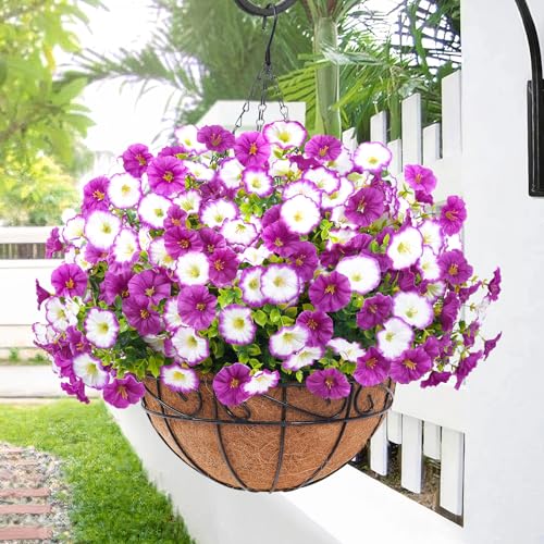 Elyum Artificial Hanging Flowers for Outdoors, Fake Flowers Artificial Petunias Hanging Baskets for Outdoors, UV Resistant Fake Hanging Plants Flowers for Outside Garden Patio Porch Decor - color: Purple&light Purple, size: 1 Pack