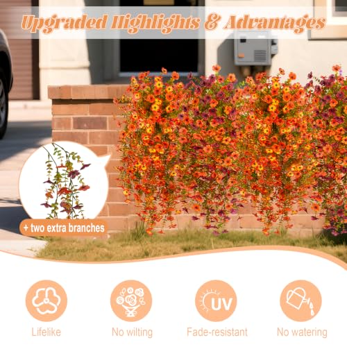 Fake Mums Artificial Fall Hanging Flowers for Outdoors Decoration 2 PCS Faux Mums for Outdoor Planters Fake Plants Look Real Daisy Flower No Fade Autumn Decor for Porch Home Patio Balcony and Yard - color: Orange Brown