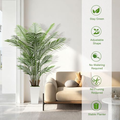 Artificial Palm Tree 6FT – Lifelike Fake Areca Palm Tree with White Tall Planter – Faux Indoor Tropical Floor Plant for Living Room Decor - color: White, size: 6ft