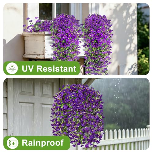 Artificial Hanging Flowers for Outdoor, 4Pcs UV Resistant Faux Morning Glory Flower Spring Summer Decroation, No Fade Fake Flower Trailing Vine for Porch Patio Balcony Yard Garden (Purple) - color: Purple