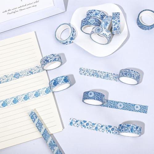 Whaline 12 Rolls Blue Toile Floral Washi Tape Chinoiserie Flower Decorative Paper Masking Tape for Gift Wrapping DIY Craft Journal Scrapbook Envelope Party Decor - color: Blue
