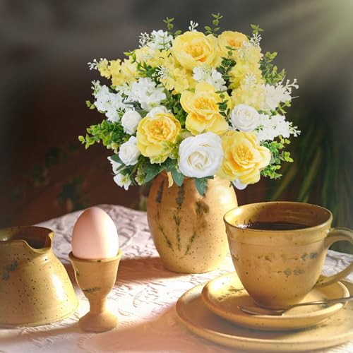 HUAESIN 6Pcs Peonies Artificial Flowers Silk Rose Bouquets Yellow White Faux Floral Arrangements for Indoor Vase Home Table Centerpieces Wedding Outdoor Cemetry Flowers