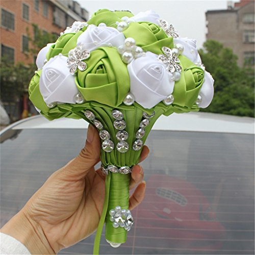 S_SSOY Wedding Bouquet Bride Bridal Brooch Bouquets Bridesmaid Bouquet Diamond Pearl Ribbon Valentine's Day Confession Party Church with Free Corsage Flower, Green+White - color: Green+white