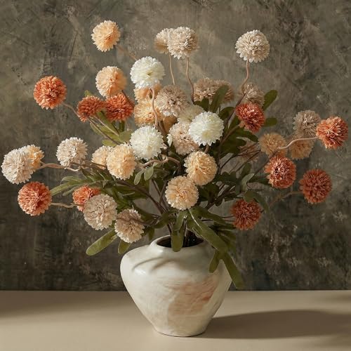 9pcs Fake Flowers Silk Mini Mums with Stems, Mixed Beige Faux Chrysanthemum Pompon Balls Artificial Flower Bulk for DIY Wedding Centerpieces, Vase Fillers, Floral Arrangements & Home Decor - color: Mixed Beige