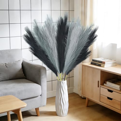 TORONTOKYO 8Pcs Black and Grey Faux Pampas Grass Tall Decor, 35.4” Fluffy Artificial Pompous Grass Branches, Large Pampas Grass Reed Stems for Floor Vase Filler, Wedding, Baby Shower, Home Boho Decor - color: Black, Grey, Silver, size: 35.4inch-8Pcs