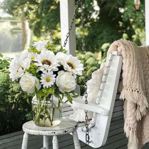 3 Pcs Fall Flowers Artificial Mums Silk Fake Mums Bouquet Faux Floral Arrangements Home Indoor Outdoor Planter Decor Party Wedding Table Autumn Decoration (White-A) - color: White-a