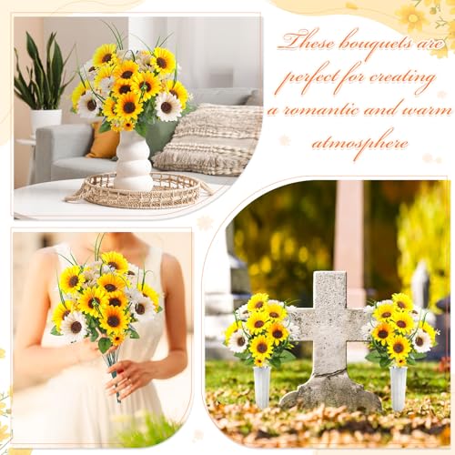Giegxin 2 Bundles Fathers Day Sunflower Cemetery Flowers for Grave Vase Artificial Memorial Flower Bouquet Fake Silk Floral Arrangement for Dad Headstone Gravesite (Sunflower)
