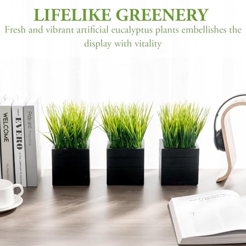 MyGift Artificial Green Grass Plants in Vintage Black Wood 4 Inch Planter Boxes, Faux Greenery in Decorative Square Crate Style Wooden Containers, Set of 3 - color: Black Wood