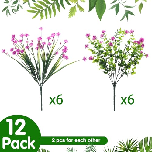 WILLBOND 12 Bundles Artificial Flowers Outdoor, UV Resistant Faux Artificial Plants Shrubs Plastic Flower Bulk for Hanging Planter Porch Window Home Spring Summer Decor(Fuchsia) - color: Fuchsia